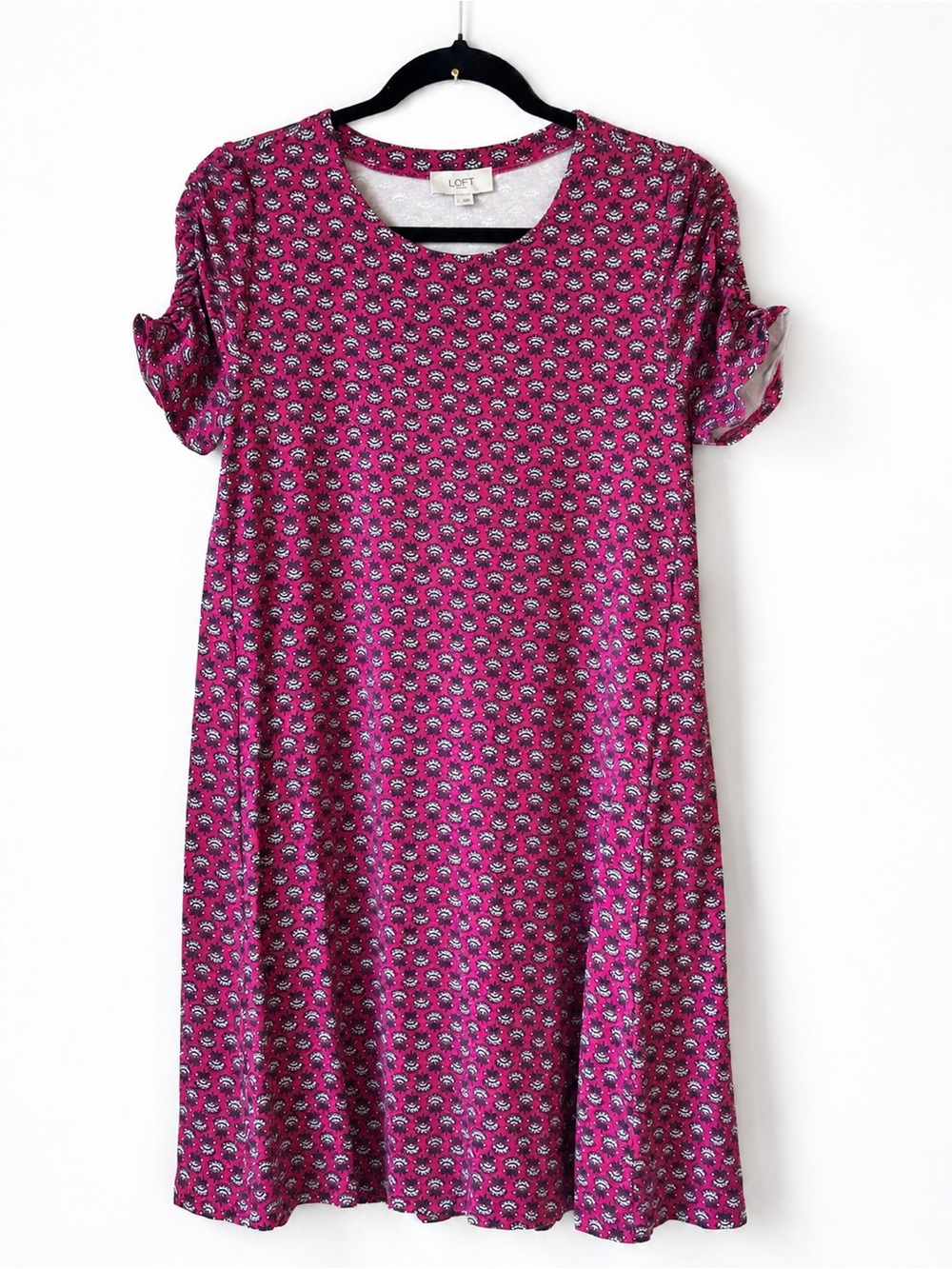 LOFT Pink Printed Short Sleeve Swing A-Line Mini Dress Size Small